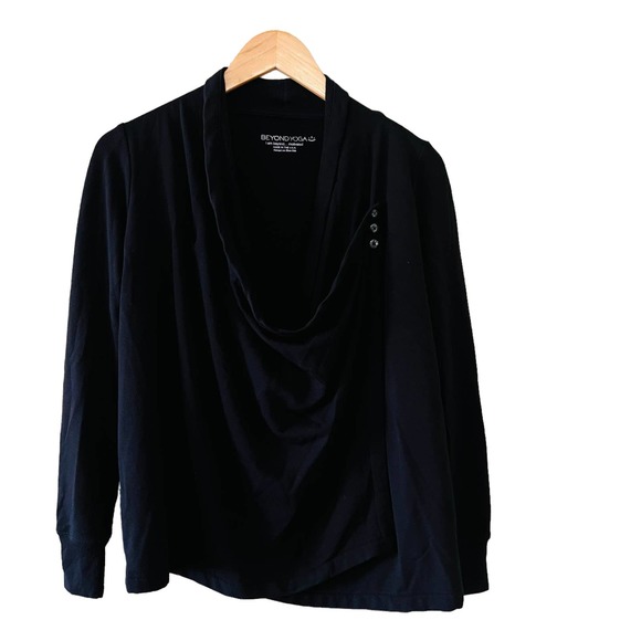 Beyond Yoga Draped Wrap Long Sleeve Three Button Cardigan Top Size XS Black - Picture 2 of 12